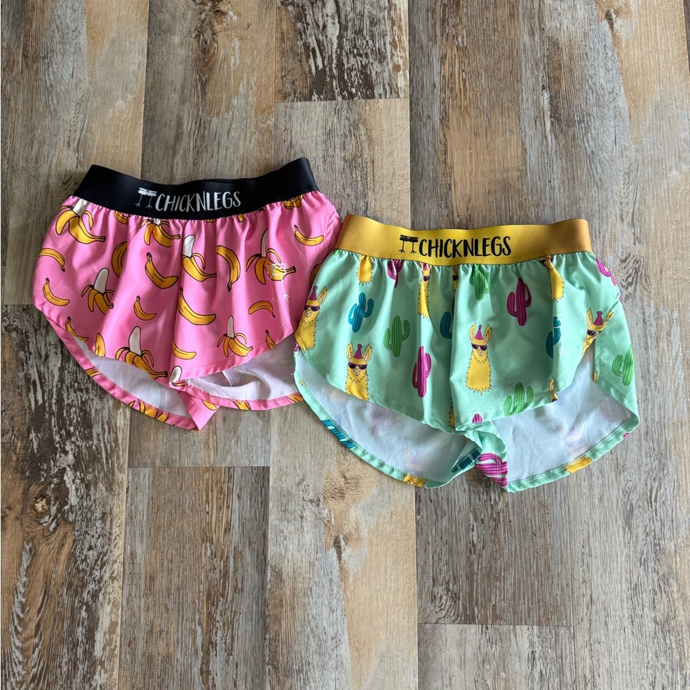 Chiknlegs Chicken Legs Running Shorts XS set-Pink Bananas Green Lama